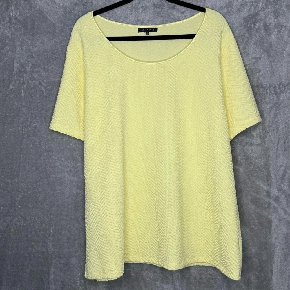 Napa Valley 2X Shirt Top Yellow Solid Scoop‎ Neck Short Sleeve Stretch Textured